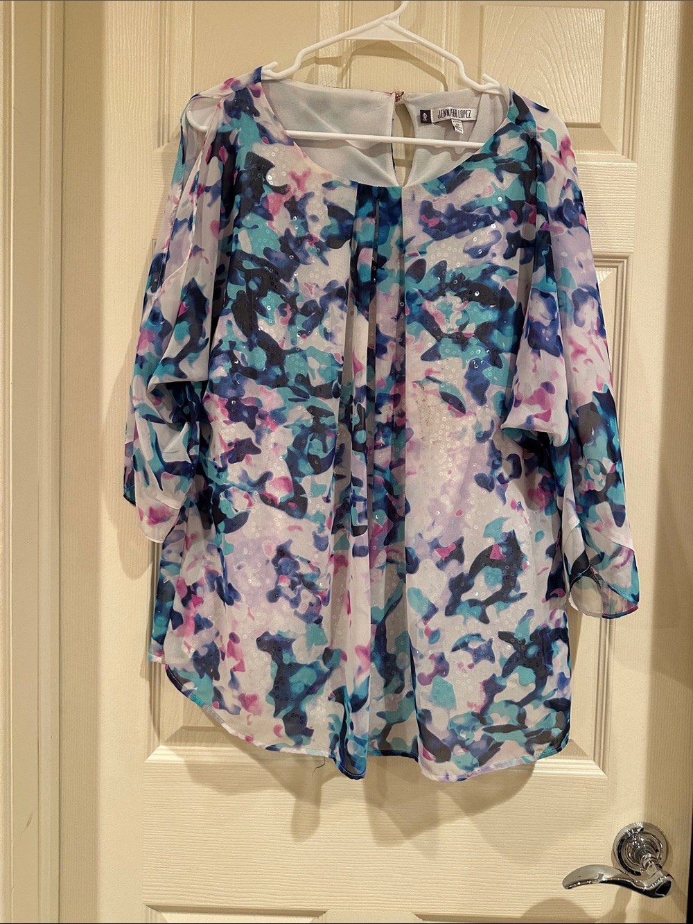 Jennifer Lopez Sheer Floral Watercolor Blouse